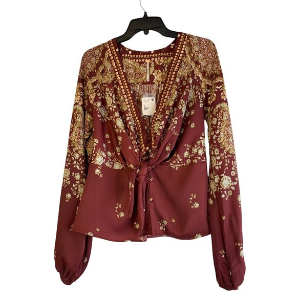 Free People S Boho Floral Tie Front Blouse Top Small NWT Burgundy Long Sleeve - Picture 2 of 13